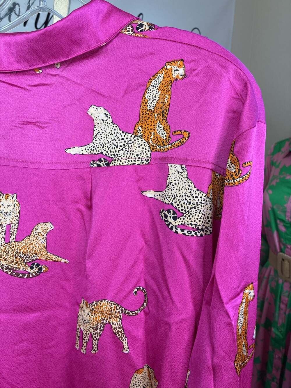 Umgee Satin Cheetah Print Button-Down Midi Shirt Dress in Magenta Pink - Picture 8 of 11